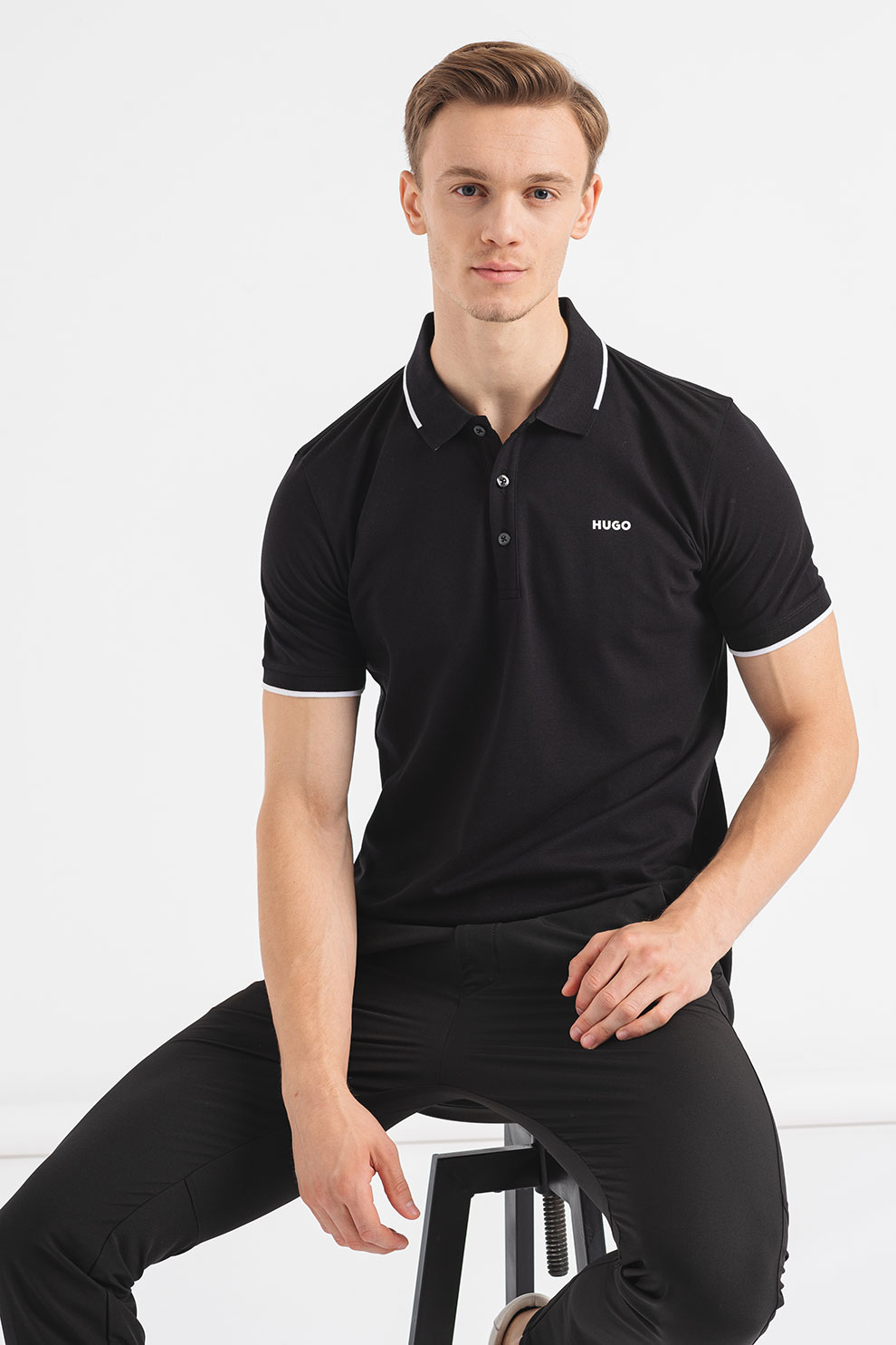 HUGO, Tricou polo slim fit Dinoso, Negru stins, XL