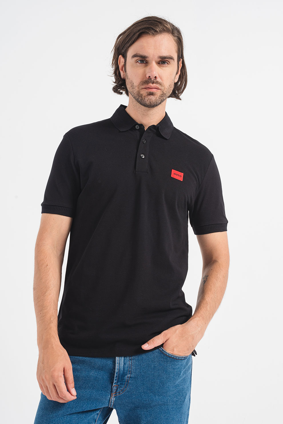 HUGO, Tricou polo slim fit Dereso, Rosu, Negru, M
