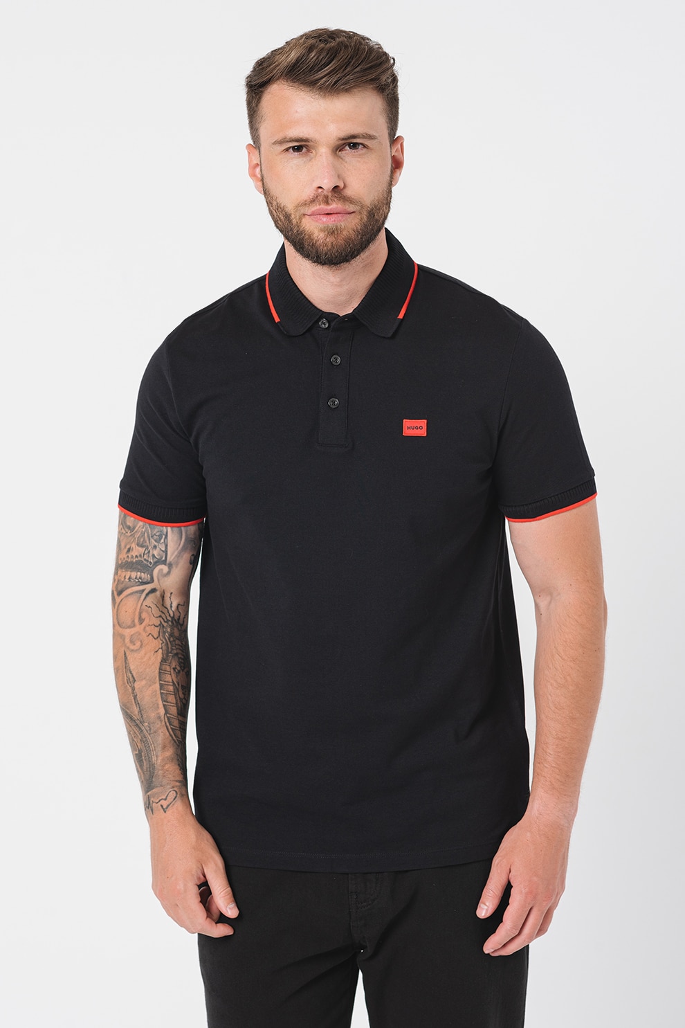 HUGO, Tricou polo slim fit Deresino, Rosu, Negru, XL