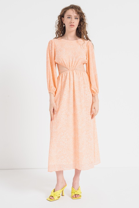 HUGO, Rochie evazata cu decupaje laterale Kasmata, Alb/Portocaliu pal