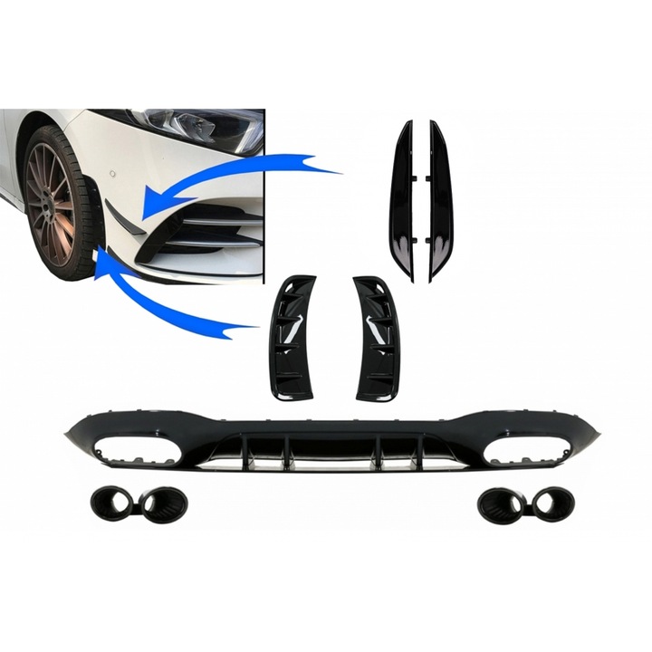 Difuzor cu Grila Aripa Aerisiri Laterale si Ornamente bara fata flapsuri compatibil cu Mercedes A-Class V177 Sedan 2018-2022 Evacuari Negre