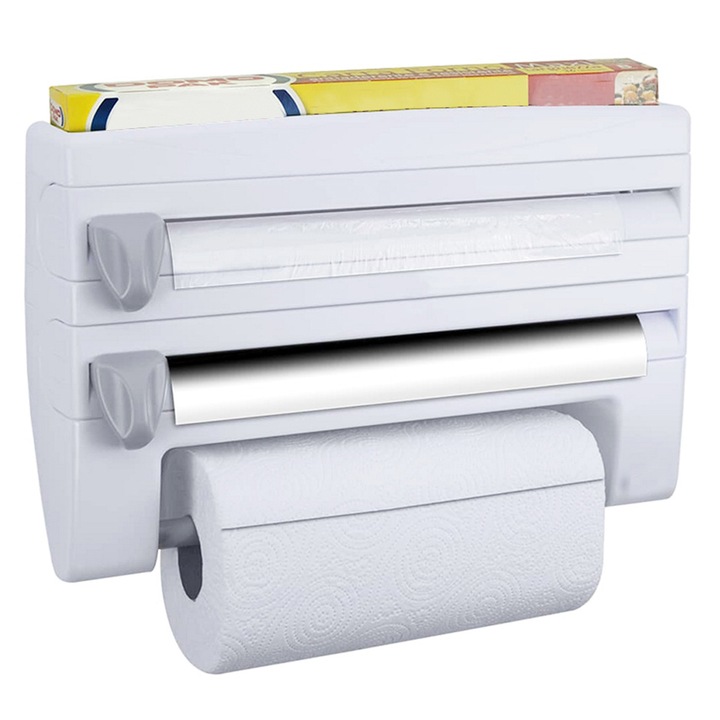 Кухненски диспенсър Zenino 4 в 1 - храна/алуминиево фолио, поставка за салфетки, органайзер за подправки, ножове за рязане, включени аксесоари за монтаж, бял