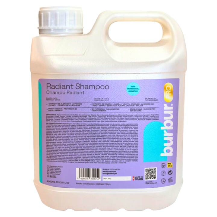 Sampon concentrat 25:1, Burbur Pro, pentru caini si pisici cu blana alba, ingrediente naturale, pH neutru, 4 L