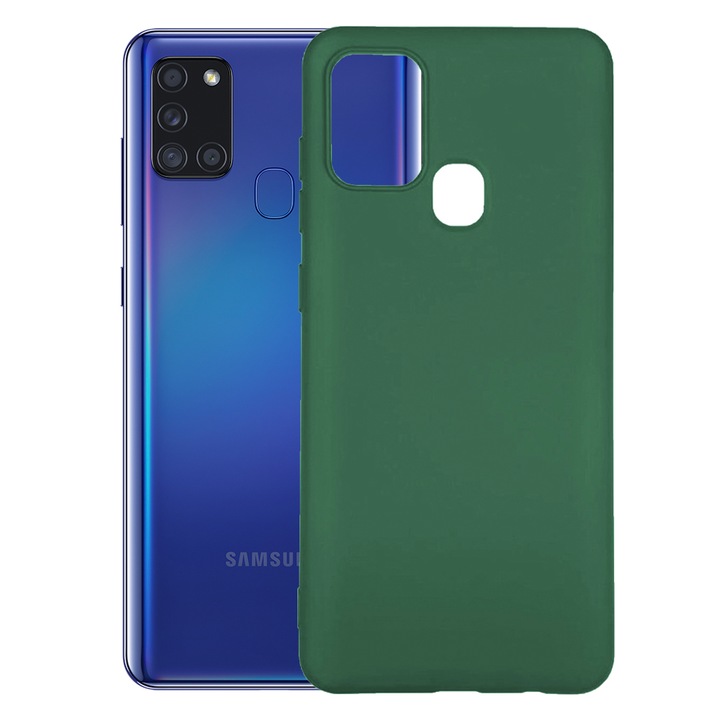 Védőtok, bársony belső, Samsung Galaxy A21s kompatibilis, FONIX BloomShield, szilikon, emelt élek, vékony, Sötétzöld