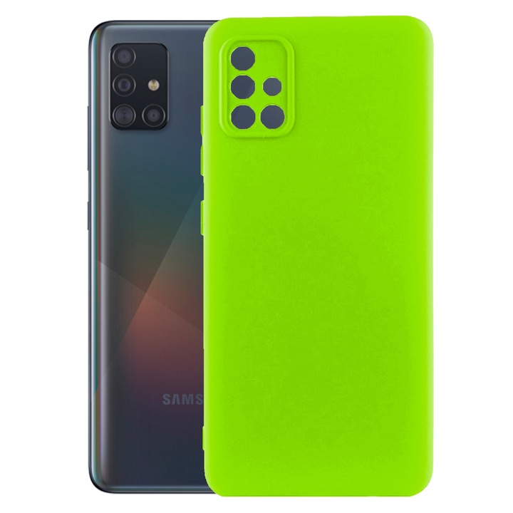 Védőburkolat, bársony belső, Samsung Galaxy A71 kompatibilis, FONIX BloomShield, szilikon, emelt élek, vékony, Neon zöld
