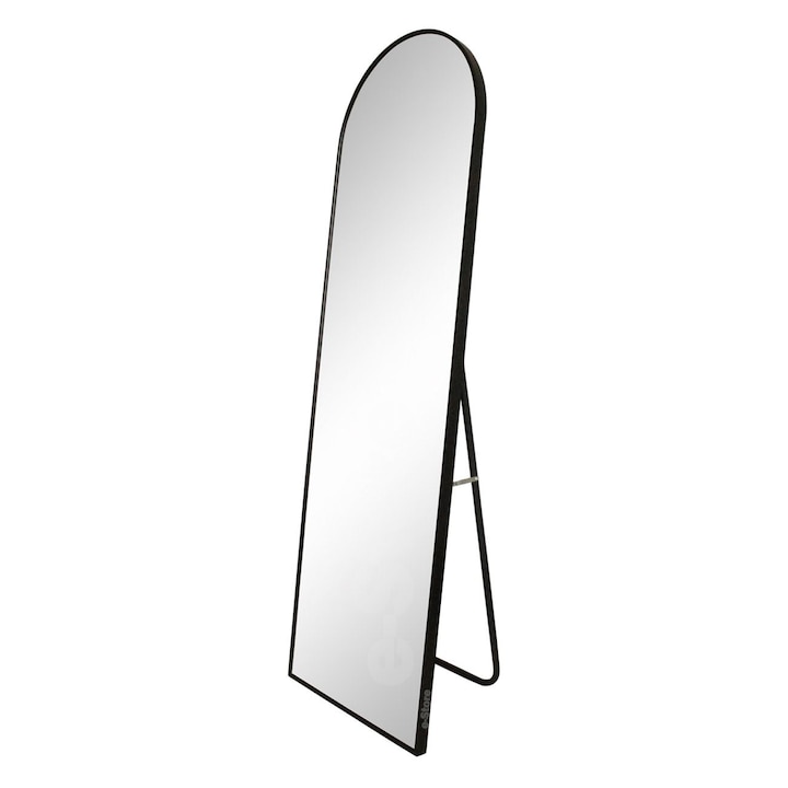 Oglinda de podea, cu suport, cu picior, aluminiu, forma arcada, negru, 150x45cm