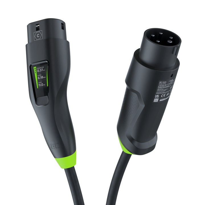 Мобилно EV зарядно устройство Green Cell Habu 11 kW 7 m Тип 2 за зареждане на електрически превозни средства EV PHEV 2in1 Wallbox с GC приложение
