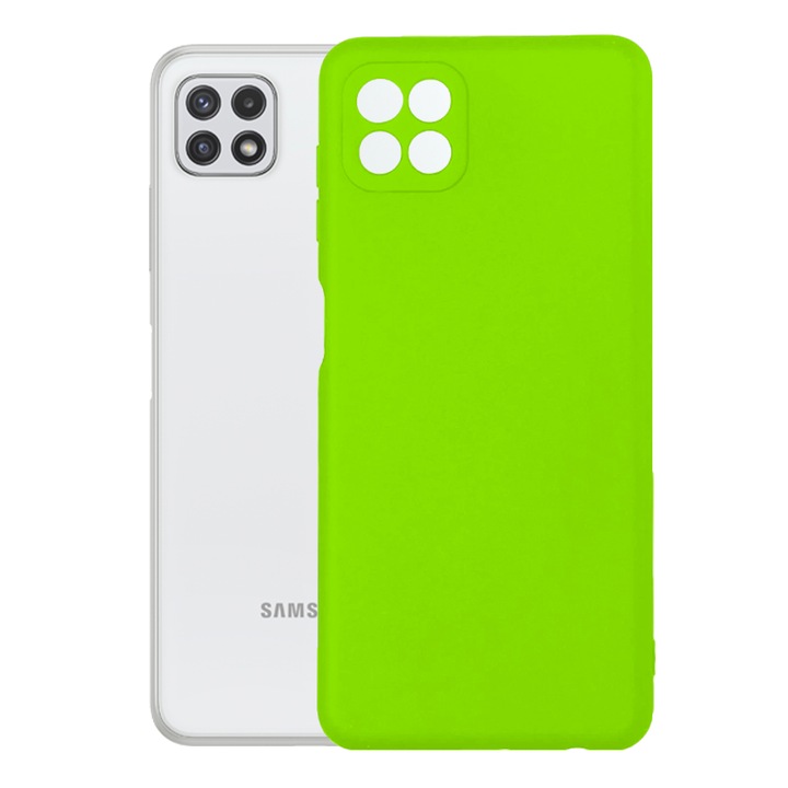 Защитен капак, кадифена вътрешност, съвместим със Samsung Galaxy A22 5G, FONIX BloomShield, силикон, повдигнати ръбове, тънък, неоново зелен