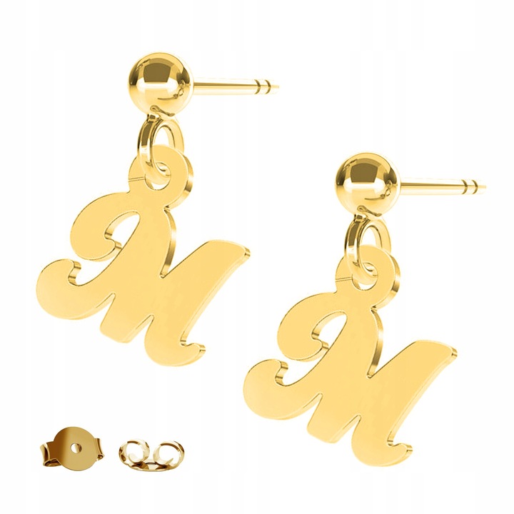 Cercei Dama, Larezo, Litera M, Argint 925 Cu Strat De Aur De 24K, Antialergice, Inaltimea Pandantivului 9 mm, Inchidere Tip Stift, Pentru Femei, Set Cu Cutie Pentru Bijuterii Premium, Auriu