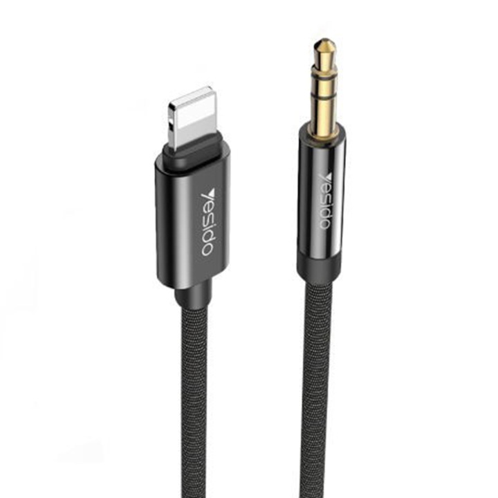 Cablu audio durabil Lightning la Jack 3.5 mm, 1m, textil, Negru