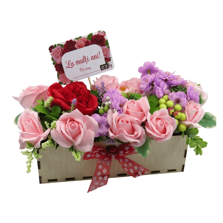 Аранжировка със сапун и копринени цветя в дървена кутия, многоцветна - ILIF302028, 23h Събития