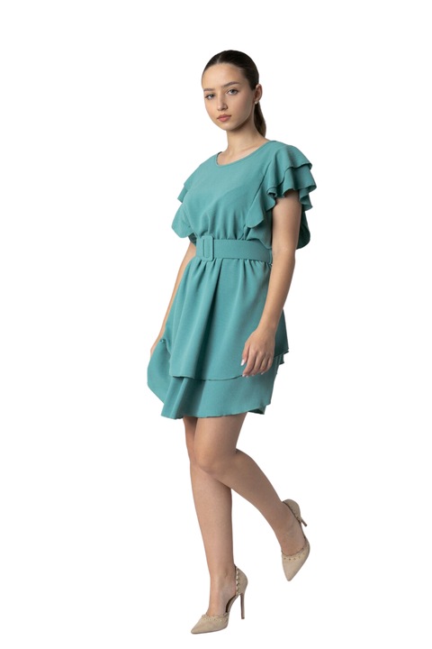 Rochie verde mint cu volane si centura in talie, Verde, One Size