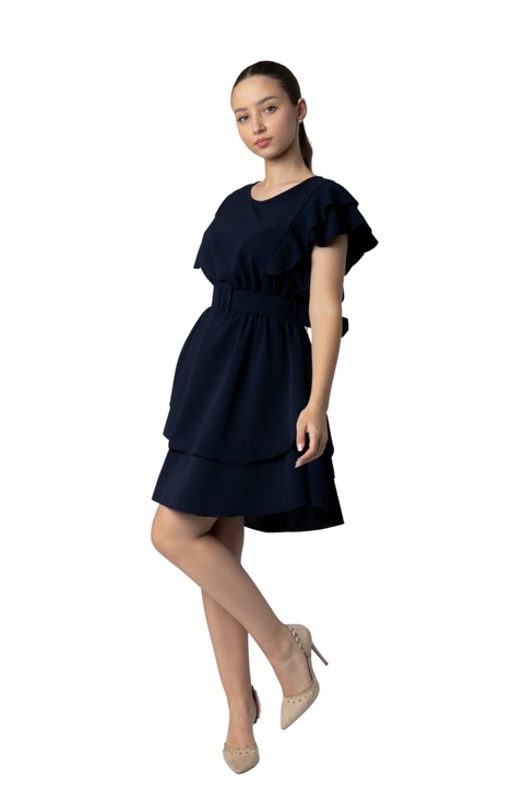 Rochie bleumarin cu volane si centura in talie, Bleumarin, One Size