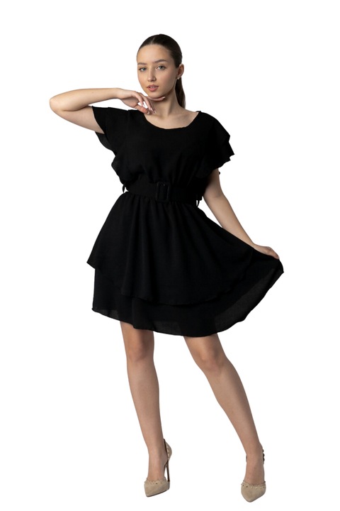 Rochie neagra cu volane si centura in talie, Negru, One Size