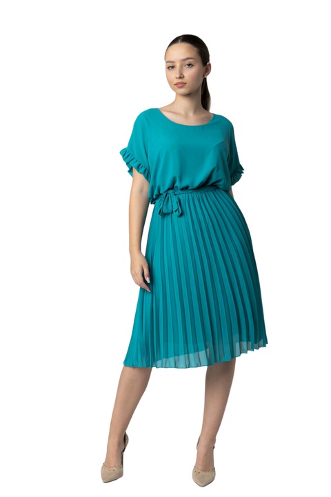 Тюркоазена плисирана рокля с шнур на талията, Тюркоаз, One Size