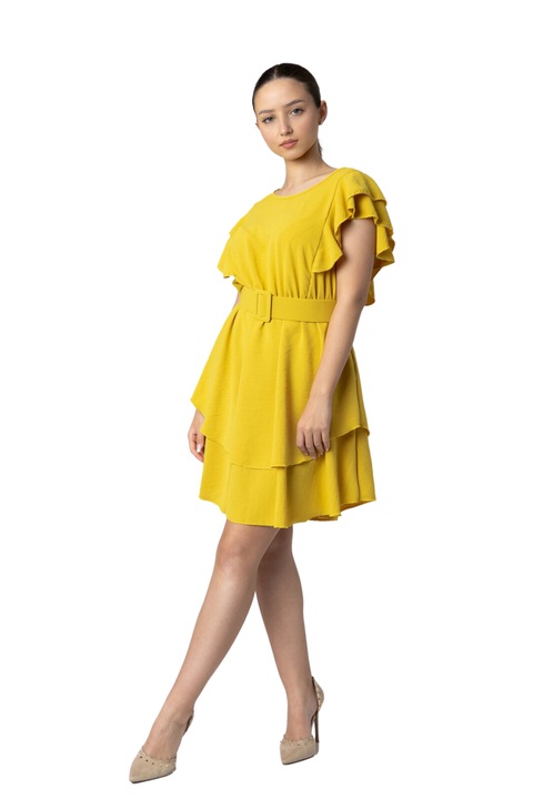 Жълта рокля с волани и колан на талията, Жълт, One Size