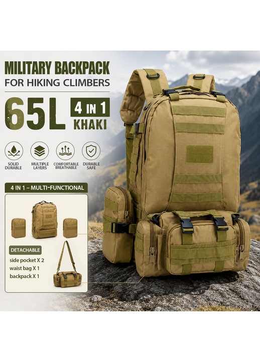 Rucsac Militar pentru Drumetii pe Munte, BYONDSELF®, 65L, 4 in 1, Khaki