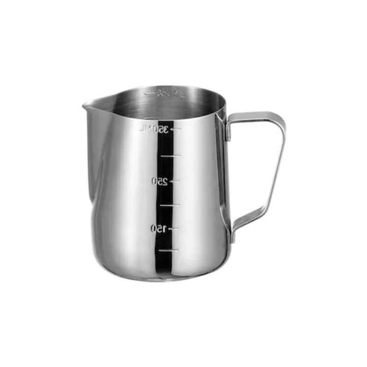 Cana din inox 304 cu gradatie, NEVERMORE, latiera pentru spumare cu maner, 350 ml