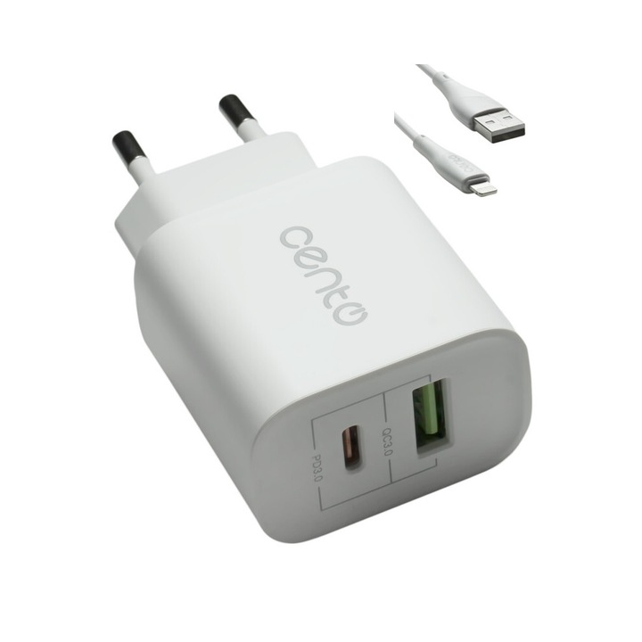 Gyorstöltő hálózati töltőkészlet CENTO P212 fehér adat-/töltőkábellel iPhone-hoz és 20 W-os TipC + USB adapterrel, univerzális, kompakt kialakítás, többféle védelem
