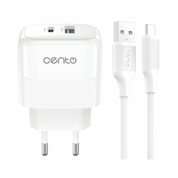 Set Incarcator Retea Fast Charge CENTO P212 Alb cu cablu de date/incarcare TipC si adaptor 20W TipC + USB, Universal, Design Compact, Protectii Multiple
