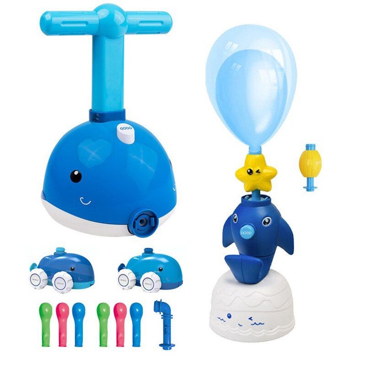 Set jucarie pentru copii, Zola®, balena zburatoare, 2 in 1, dispozitiv de umflarea baloanelor, lansator de baloane, pestisori, balena iubitoare