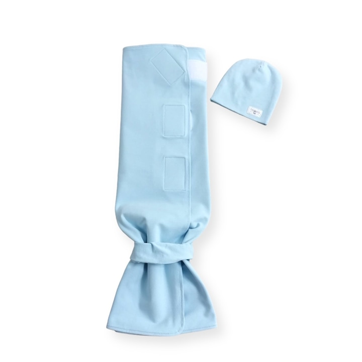 Sistem de infasat, Tesoro Bebe, model paturica + caciulita, inchidere reglabila velcro, 0-3luni, bumbac premium certificat Oeko-Tex, baby blue