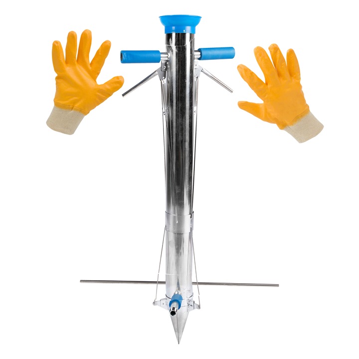 Plantator manual rasaduri din inox cu 2 manere si pedala + Manusi antiacid portocalii, semanatoare pentru toate tipurile de fructe si legume
