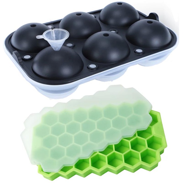 2 db jégforma készlet, szilikon/műanyag, tetővel, többszínű