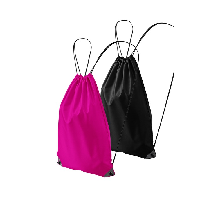 Set 2 rucsacuri pentru copii 912, 100% poliester, sistem de inchidere cu snur, Negru, Roz neon