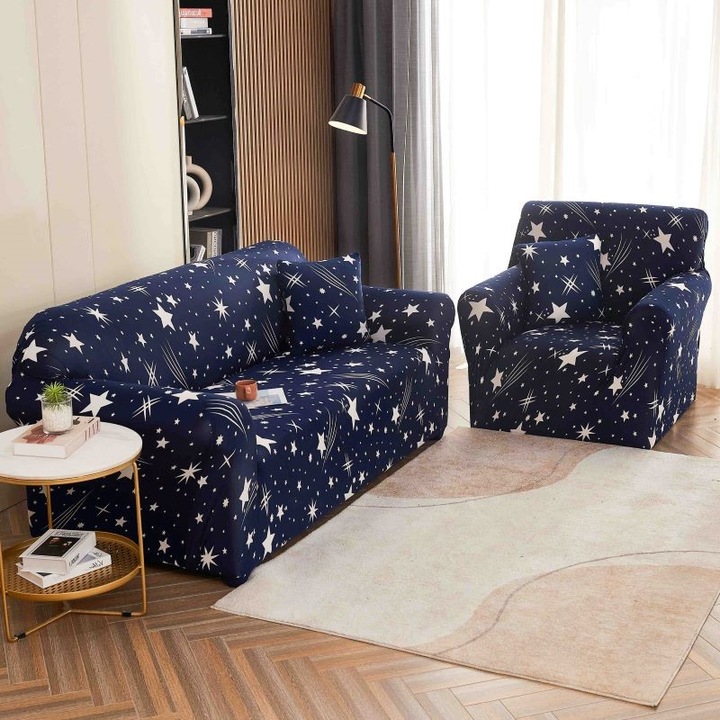 Husa elastica pentru canapea, Jojo Home, imprimeu Cer Instelat, L-3 locuri, 180x230cm, Bleumarin