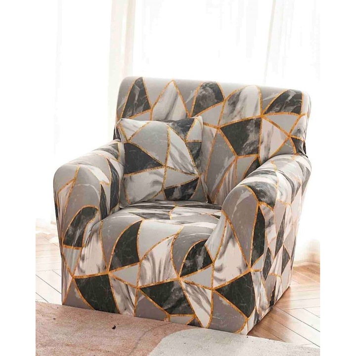 Husa elastica pentru fotoliu, Jojo Home, imprimeu Abstract, M1, 90x140cm, Gri Marmurat