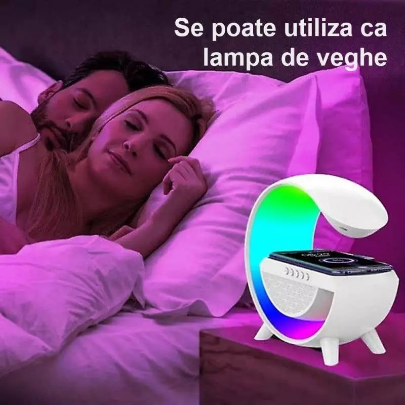 Boxa Multifunctionala 3 in 1 SIKS, Lampa LED RGB Smart, Boxa Bluetooth, Incarcator Telefon Wireless, Lumina RGB, Alb