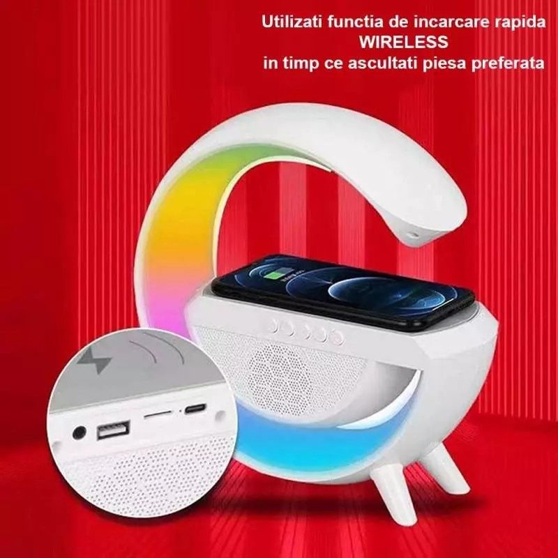 Boxa Multifunctionala 3 in 1 SIKS, Lampa LED RGB Smart, Boxa Bluetooth, Incarcator Telefon Wireless, Lumina RGB, Alb