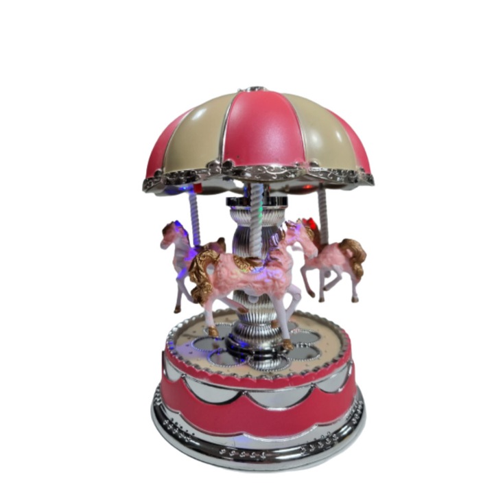 Decoratiune in forma de carusel cu cai, din plastic, 10X15 cm