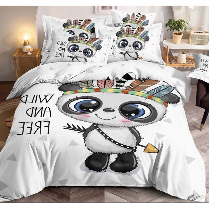 Спално бельо за двама Jojo Home, 3D индийска панда, 6 части, 2 лица, Фина материя, 230x250 см
