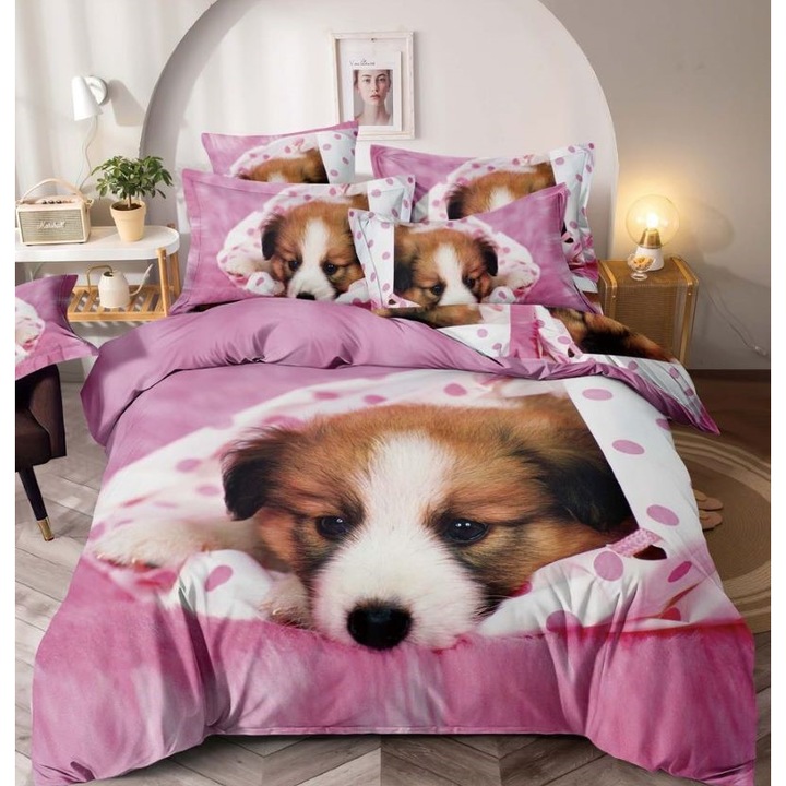 Двойно спално бельо, Jojo Home, 3D принт Baby Dog, 6 части, 2 лица, Finet, 230x250 см