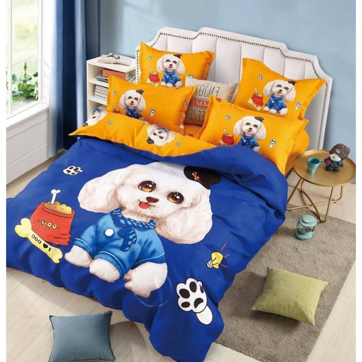 Двойно спално бельо, Jojo Home, 3D принт, The Dog In Blue, 6 части, 2 лица, Finet, 230x240cm