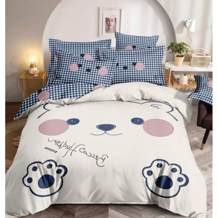 Lenjerie de pat dublu, Jojo Home, imprimeu 3D, Ursulet, 6 piese, 2 persoane, Finet, 230x240cm