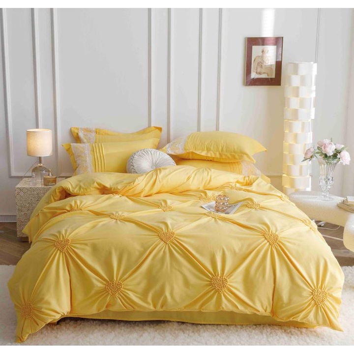 Lenjerie de pat dublu, Jojo Home, Uni, Model Inimi Brodate, 6 piese, Finet, 230x250cm, Galben