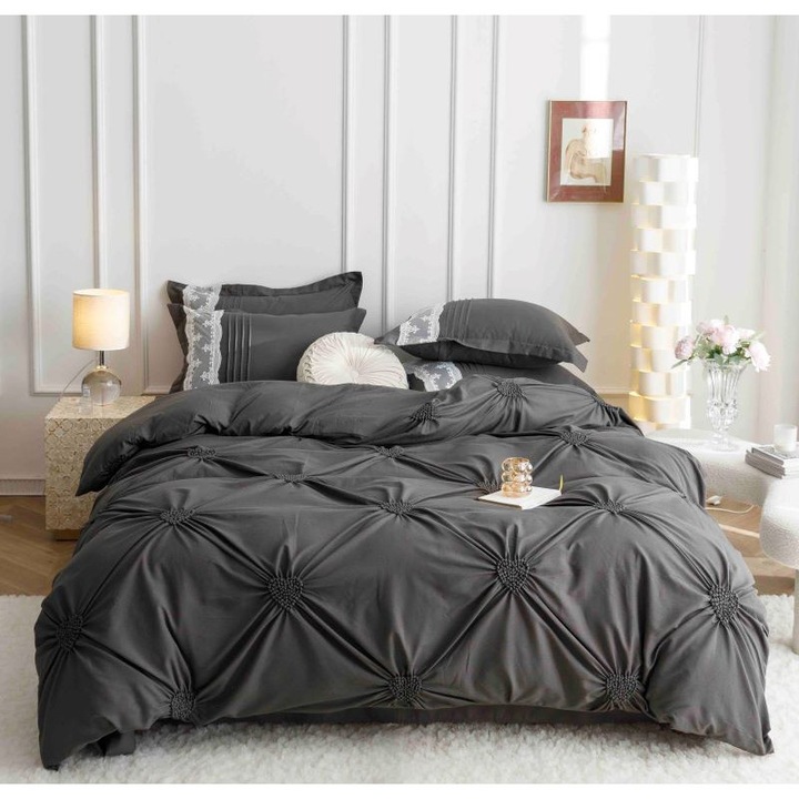 Lenjerie de pat dublu, Jojo Home, Uni, Model Inimi Brodate, 6 piese, Finet, 230x250cm, Gri Inchis