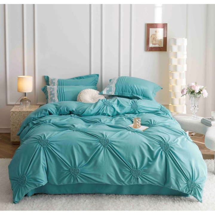 Двойно спално бельо, Jojo Home, Uni, Модел на бродирани сърца, 6 части, Finet, 230x250 см, Тюркоаз