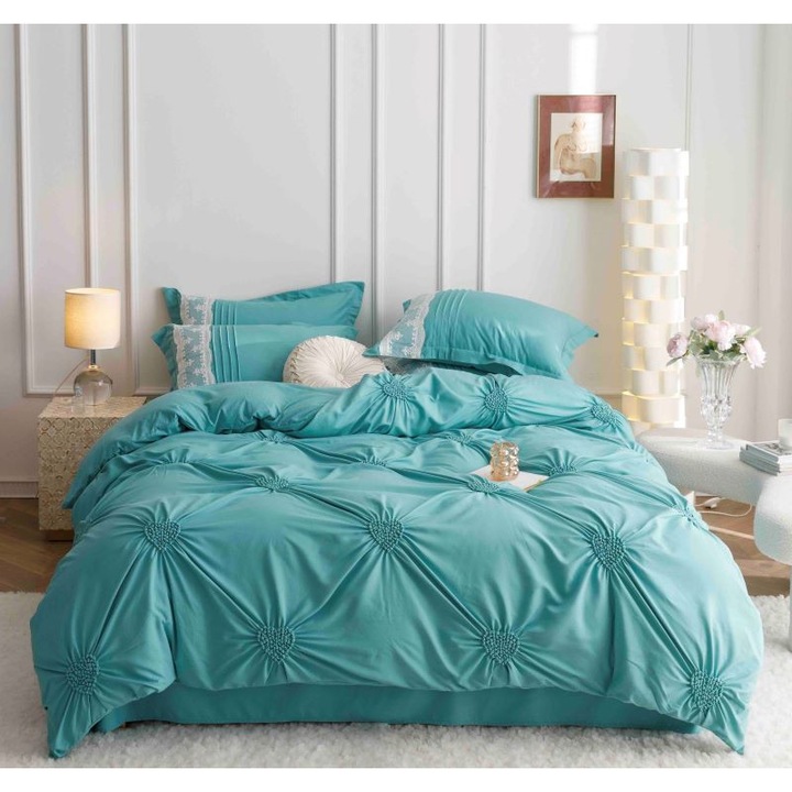 Lenjerie de pat dublu, Jojo Home, Uni, Model Inimi Brodate, 6 piese, Finet, 230x250cm, Turcoaz