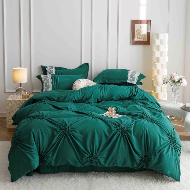 Lenjerie de pat dublu, Jojo Home, Uni, Model Inimi Brodate, 6 piese, Finet, 230x250cm, Verde