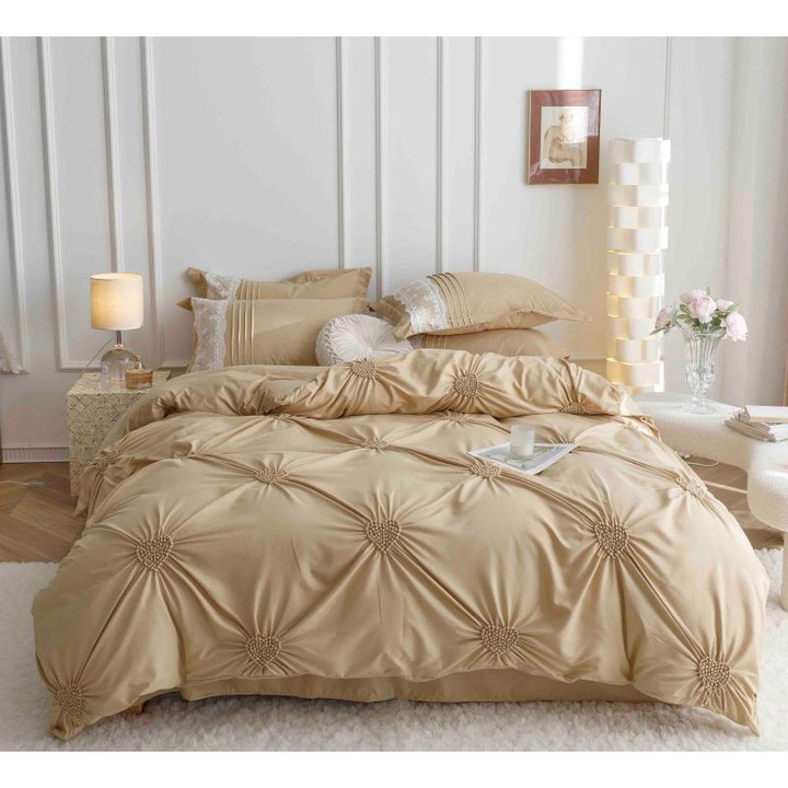 Lenjerie de pat dublu, Jojo Home, Uni, Model Inimi Brodate, 6 piese, Finet, 230x250cm, Bej