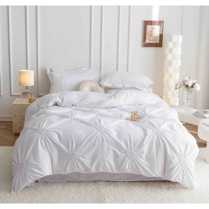 Двойно спално бельо, Jojo Home, Uni, Бродирани сърца, 6 части, Finet, 230x250 см, Бяло