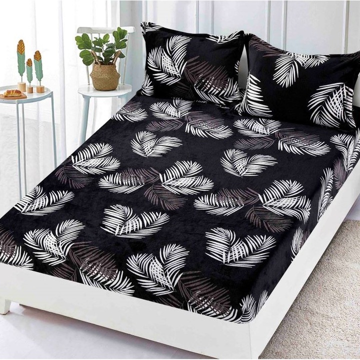 Husa cu elastic pentru pat dublu, Jojo Home, imprimeu Frunze Feriga, 3 piese, 2 persoane, Cocolino, 180x200cm