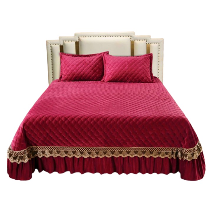 Cuvertura si 2 fete de perna, Catifea Matlasata si Broderie Aurie, Jojo Home, 3 piese, 2 persoane, Uni, 220X240cm, Rosu Bordo