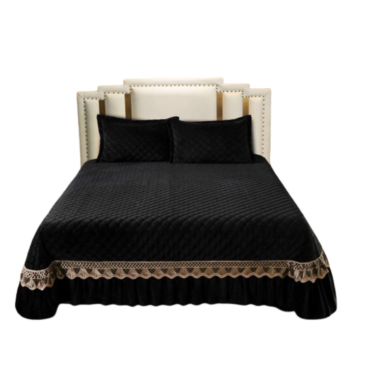 Юрган и 2 калъфки за възглавници, капитонирано кадифе и златна бродерия, Jojo Home, 3 части, 2 лица, обикновен, 220X240 см, черен