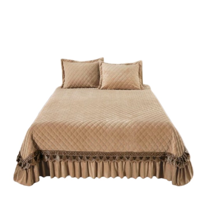 Юрган и 2 калъфки за възглавници, капитонирано кадифе и златна бродерия, Jojo Home, 3 части, 2 лица, обикновен, 220X240 см, бежов
