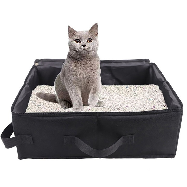 Litiera portabila pliabila pentru pisici, Amtok, Pliabil, De calatorie, portabil, inodor, sigilat cu fermoar, 40 x 30 x 14.5 cm, Negru